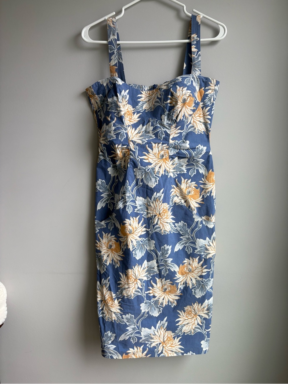 Blue Floral Midi Dress with Yellow Bloom Accents